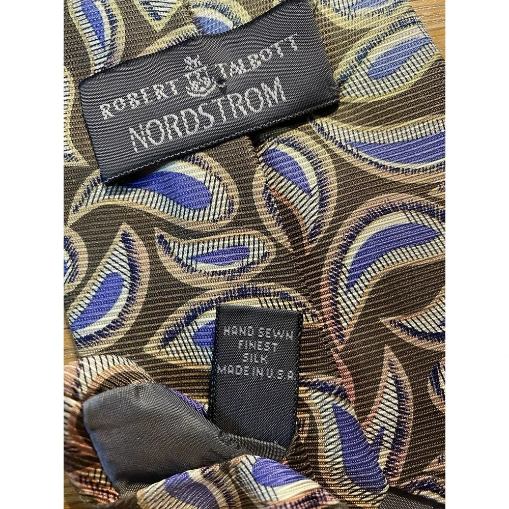 VTG ROBERT TALBOTT Nordstrom‎ Men's Silk Necktie USA Designer Gold Blue Paisley